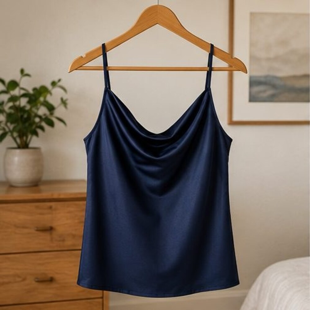 Navy Satin Cowl Neck Top